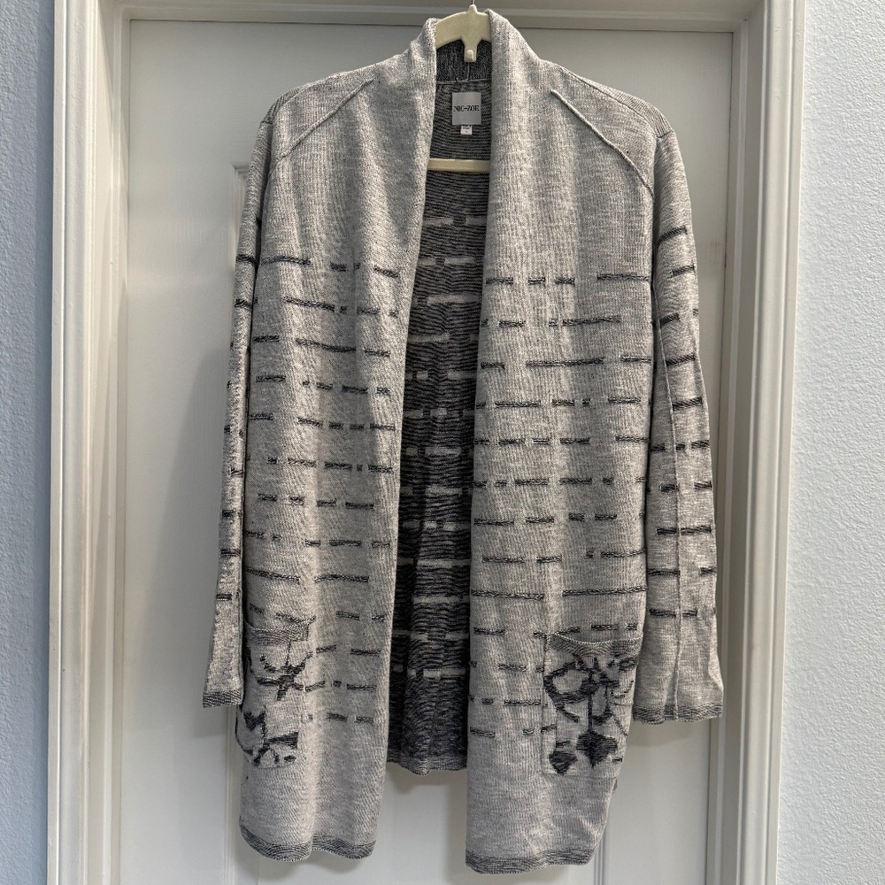 Nic & Zoe Light Gray Open Front Waterfall Cardigan Intermittent Stripe Dash L